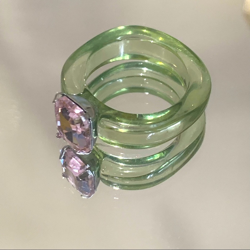 Green Acrylic Pink Rose Cubic Zirconia Statement Ring Size 7